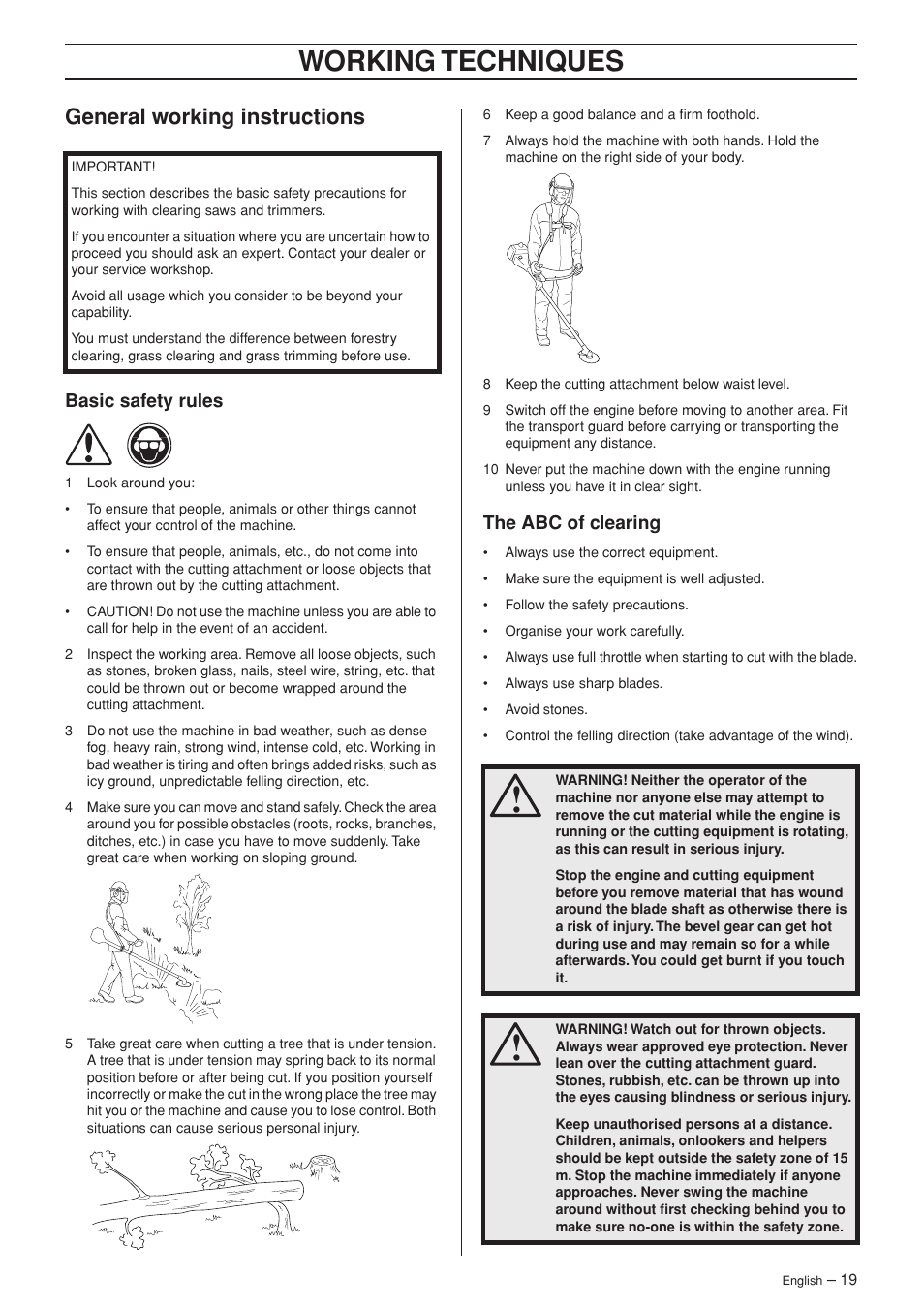 General working instructions, Basic safety rules, The abc of clearing | Working techniques | Husqvarna 325RX-Series User Manual | Page 19 / 36