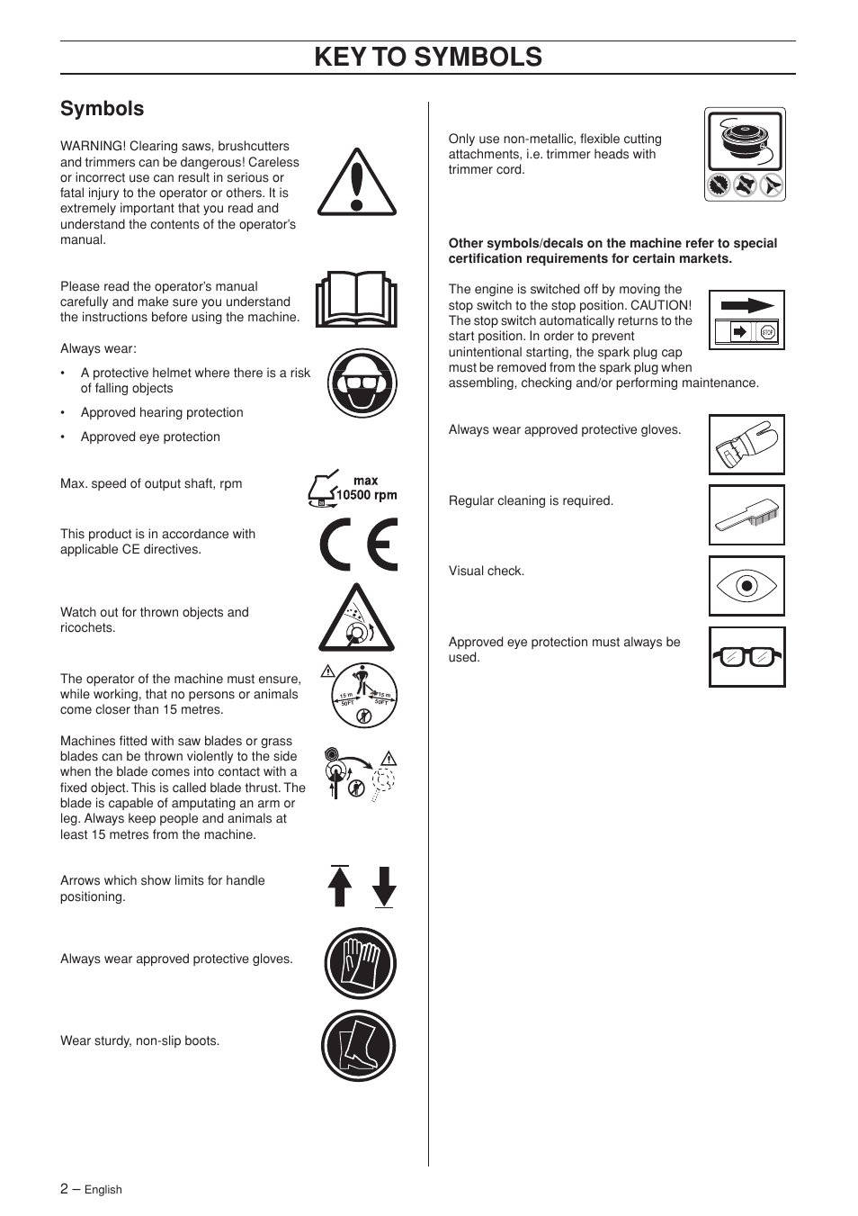 Symbols, Key t o symbols | Husqvarna 325RX-Series User Manual | Page 2 / 36