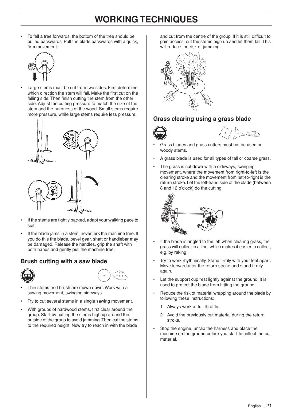 Brush cutting with a saw blade, Grass clearing using a grass blade, Working techniques | Husqvarna 325RX-Series User Manual | Page 21 / 36