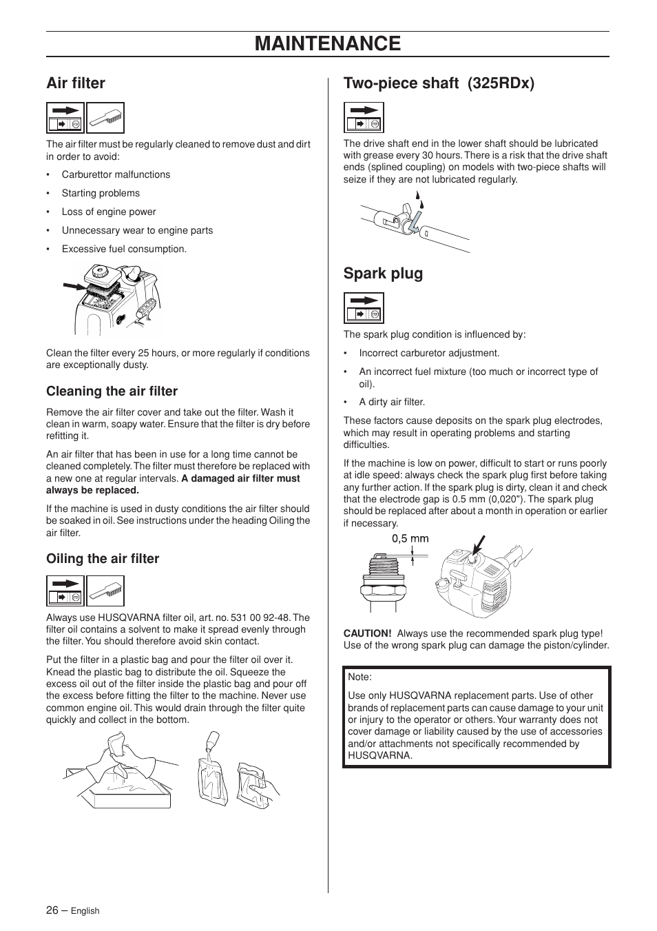 Air filter, Cleaning the air filter, Oiling the air filter | Two-piece shaft (325rdx), Spark plug, Maintenance | Husqvarna 325RX-Series User Manual | Page 26 / 36