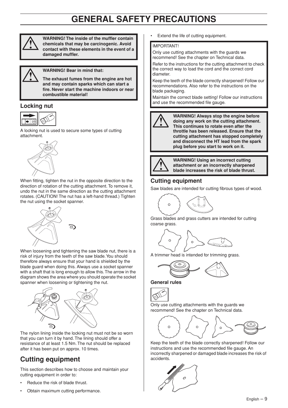 Locking nut, Cutting equipment, General safety precautions | Husqvarna 325RX-Series User Manual | Page 9 / 36