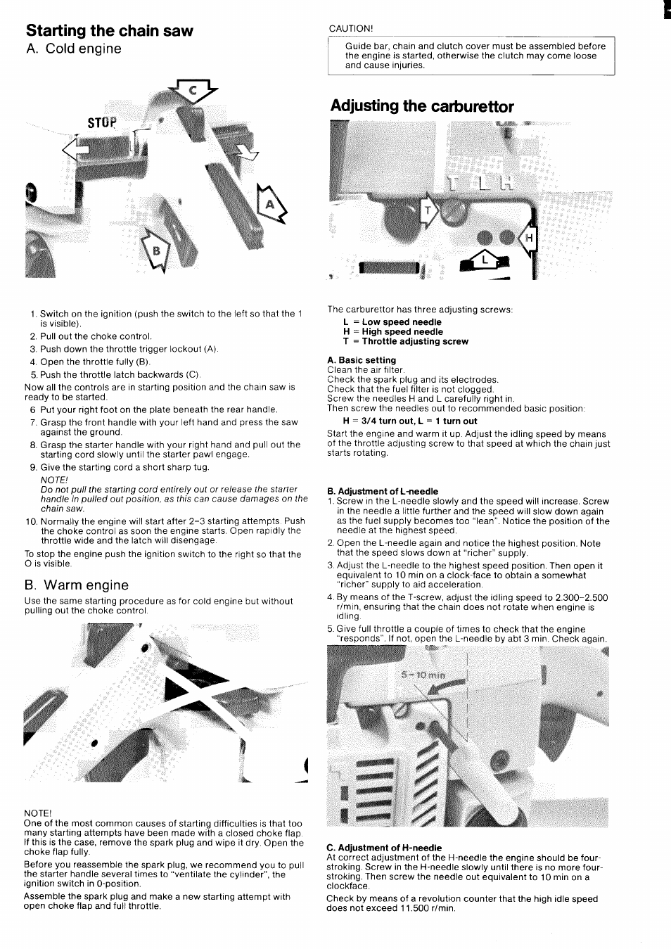 Starting the chain saw, Adjusting the carburettor, A. cold engine | B. warm engine | Husqvarna 266 User Manual | Page 4 / 8