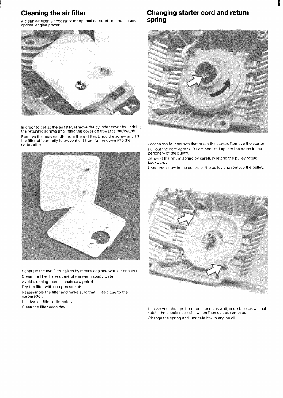 Cleaning the air filter, Changing starter cord and return spring | Husqvarna 266 User Manual | Page 5 / 8