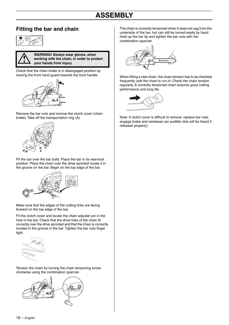 Assembly, Fitting the bar and chain | Husqvarna 570 User Manual | Page 16 / 44