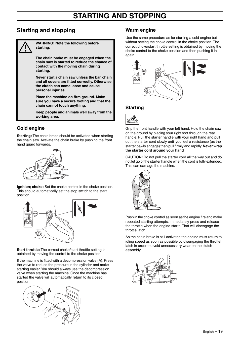 Starting and stopping | Husqvarna 570 User Manual | Page 19 / 44