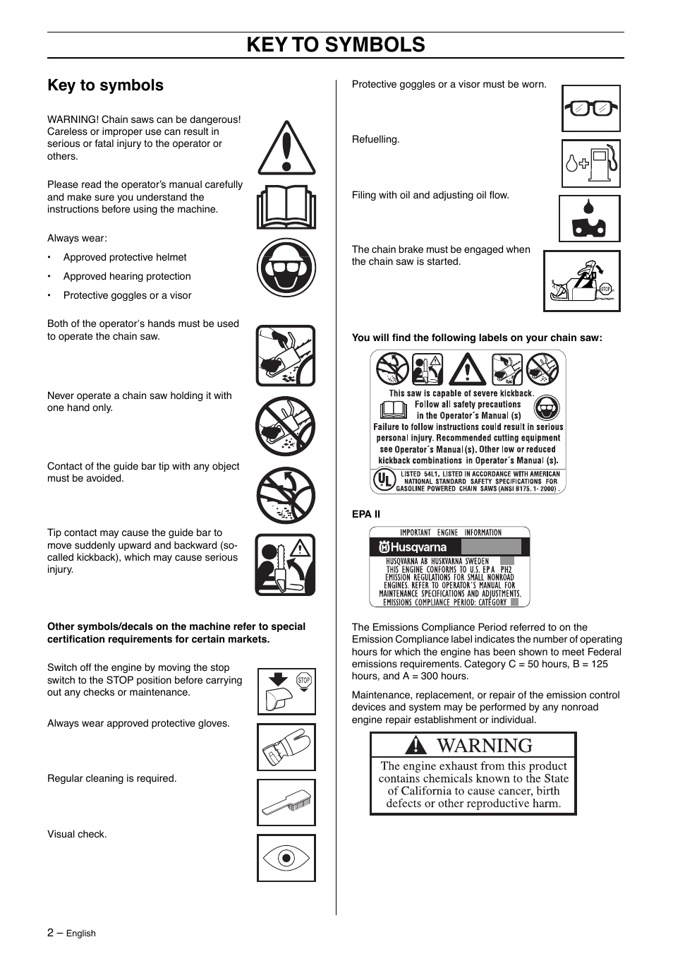 Key to symbols | Husqvarna 570 User Manual | Page 2 / 44