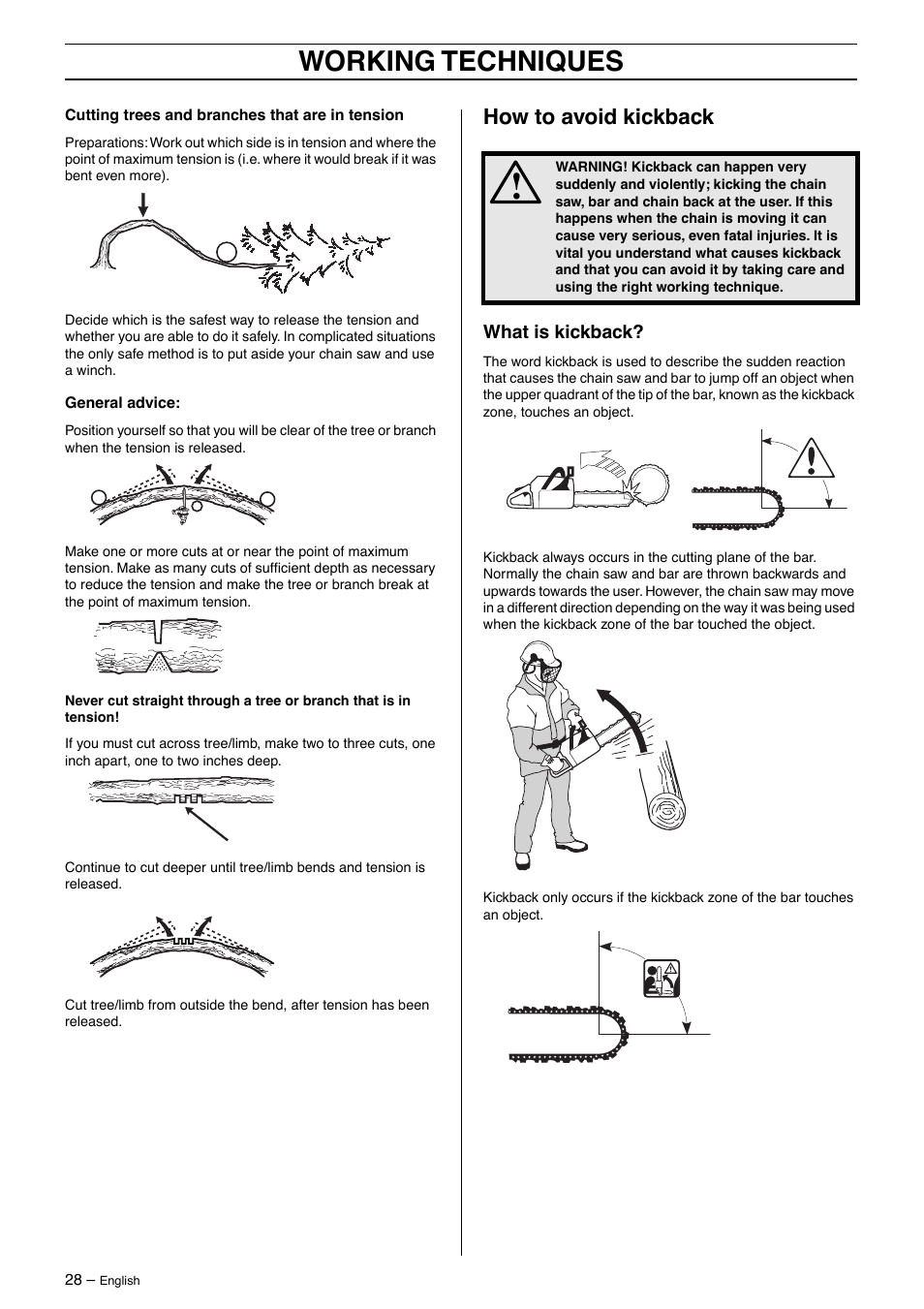 Working techniques, How to avoid kickback | Husqvarna 570 User Manual | Page 28 / 44