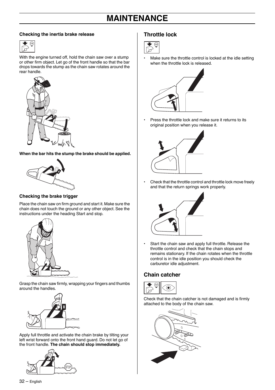 Maintenance, Throttle lock, Chain catcher | Husqvarna 570 User Manual | Page 32 / 44