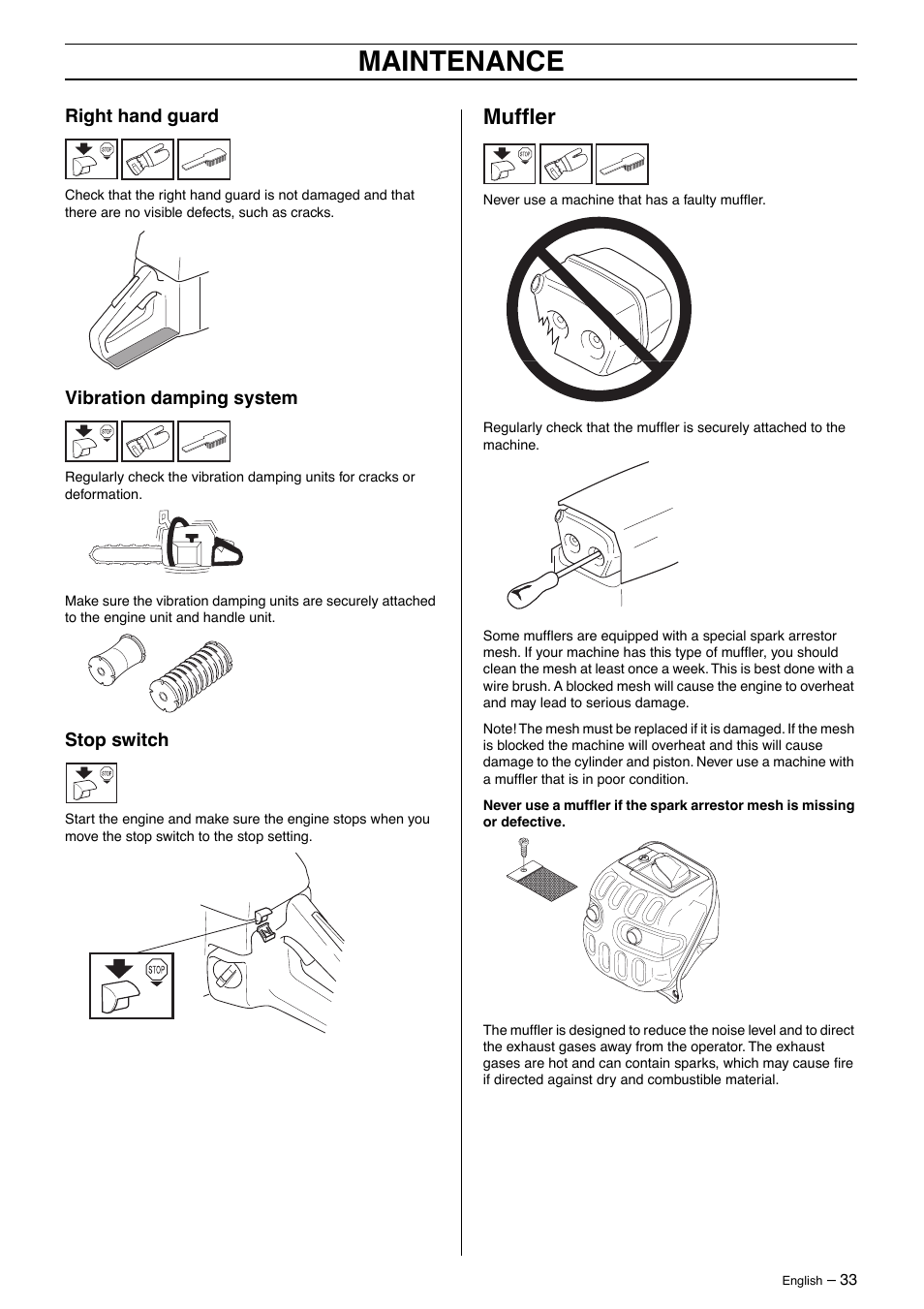 Maintenance, Muffler | Husqvarna 570 User Manual | Page 33 / 44