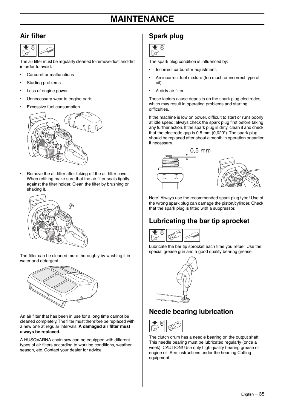 Maintenance, Air filter, Spark plug | Lubricating the bar tip sprocket, Needle bearing lubrication | Husqvarna 570 User Manual | Page 35 / 44