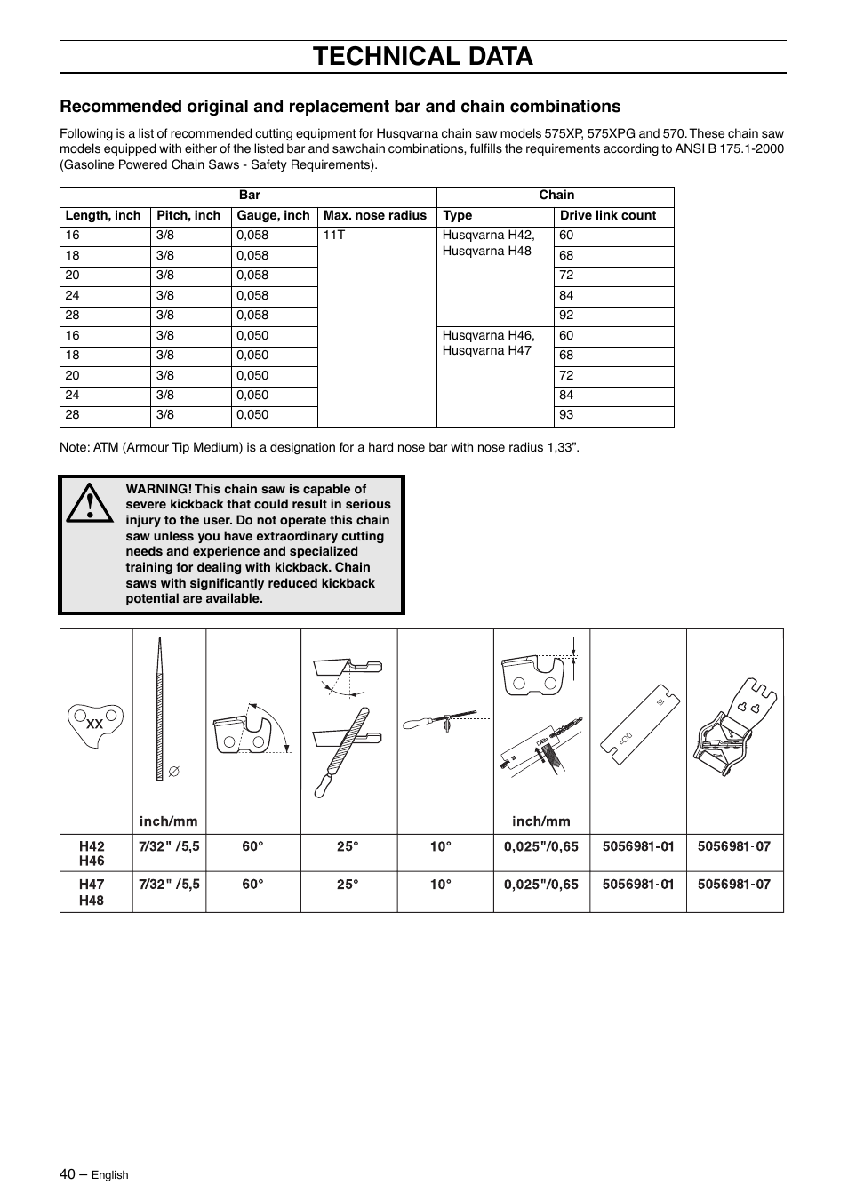 Technical data | Husqvarna 570 User Manual | Page 40 / 44