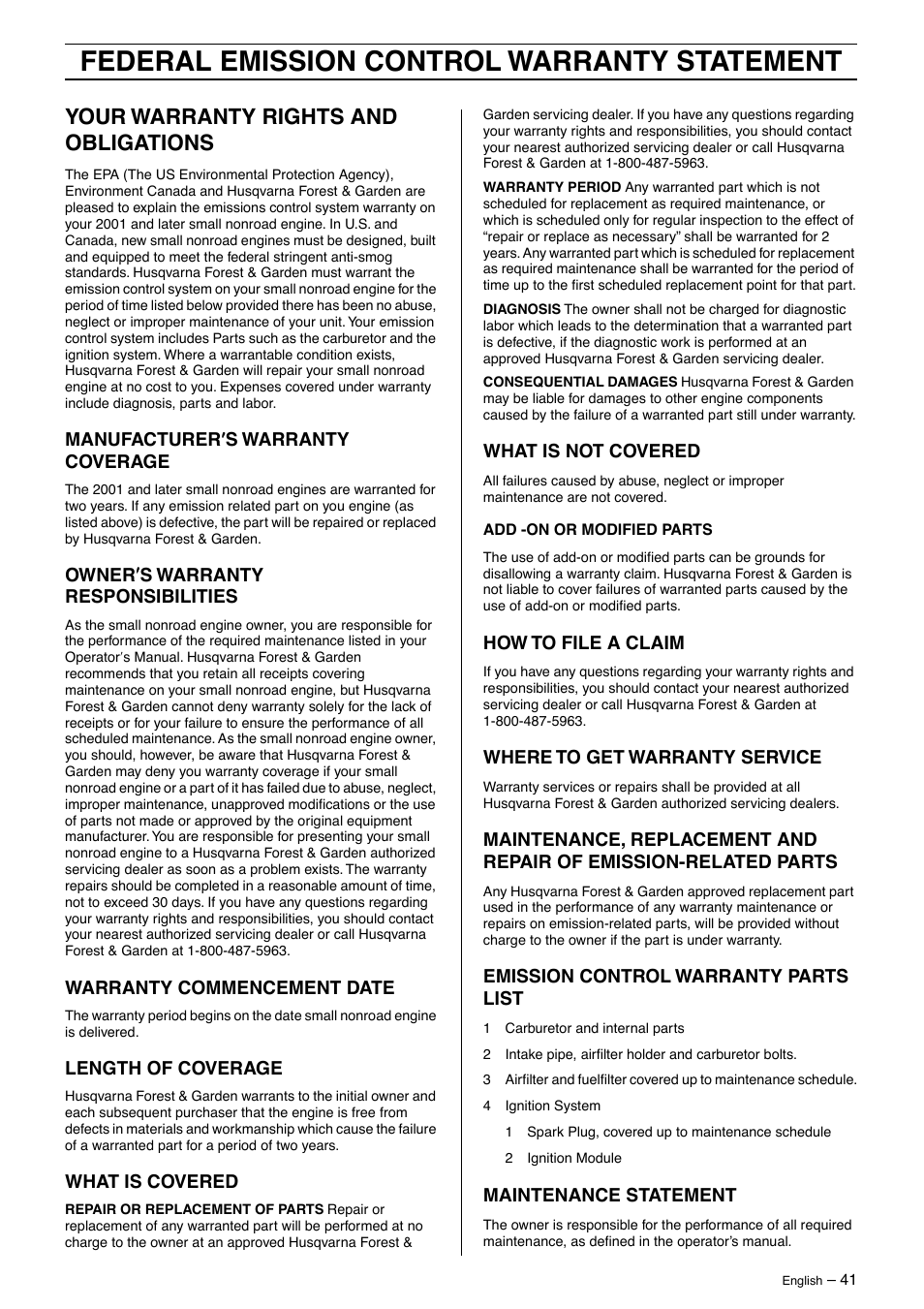 Federal emission control warranty statement, Your warranty rights and obligations | Husqvarna 570 User Manual | Page 41 / 44