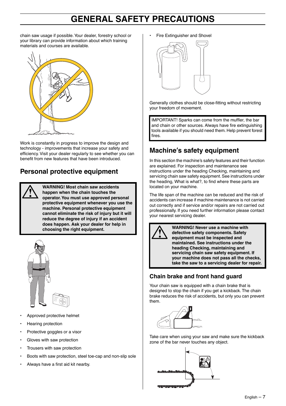 General safety precautions, Personal protective equipment, Machine ′′′′ s safety equipment | Husqvarna 570 User Manual | Page 7 / 44