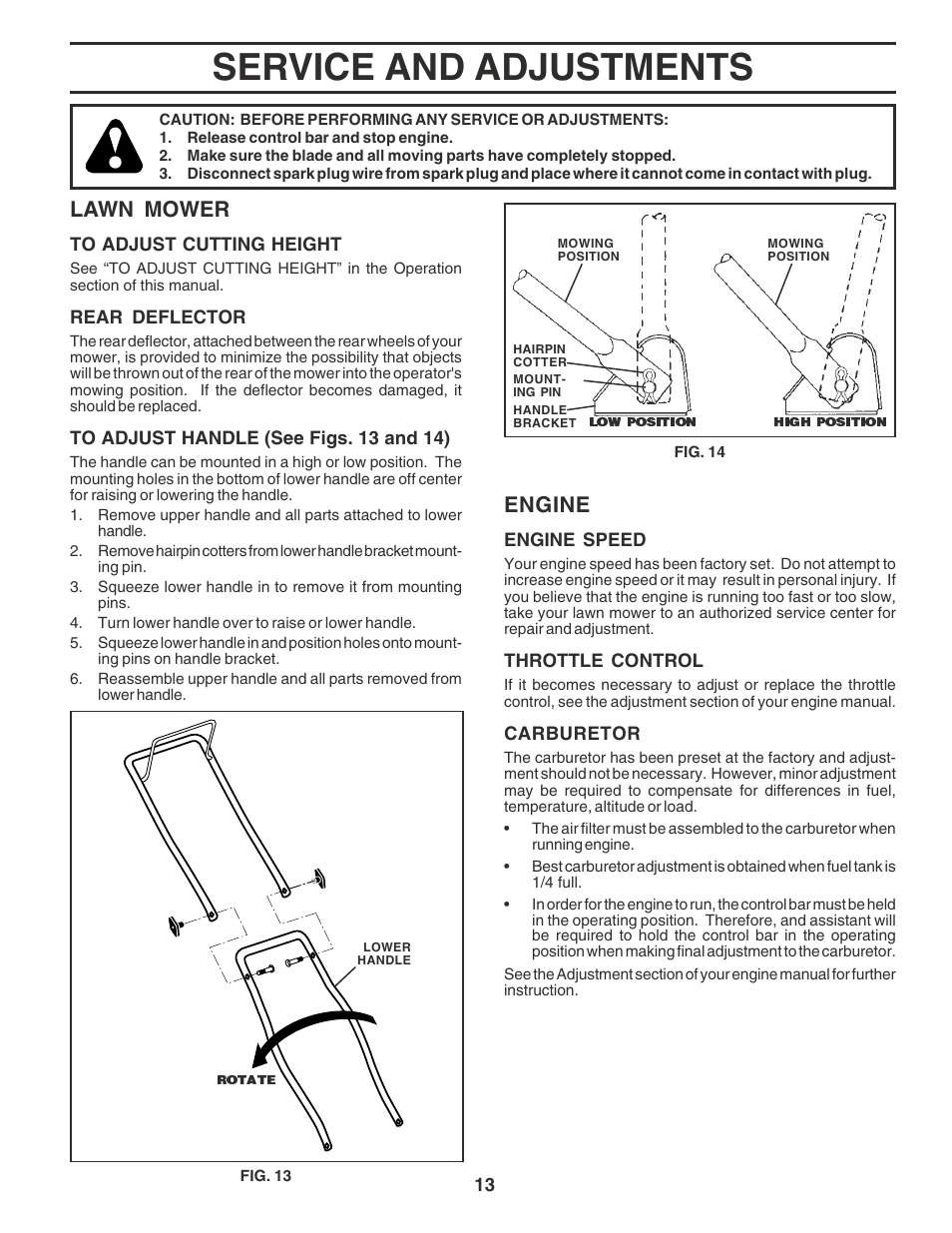 Service / adjustments, Service and adjustments, Engine | Lawn mower | Husqvarna 6022CH User Manual | Page 13 / 18