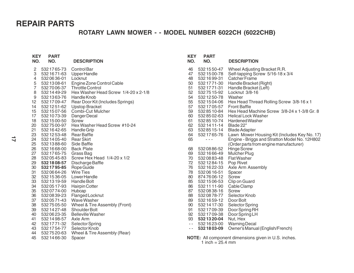 Parts list, Repair parts | Husqvarna 6022CH User Manual | Page 17 / 18