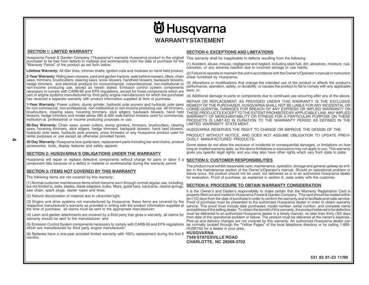 Warranty statement | Husqvarna 6022CH User Manual | Page 4 / 18