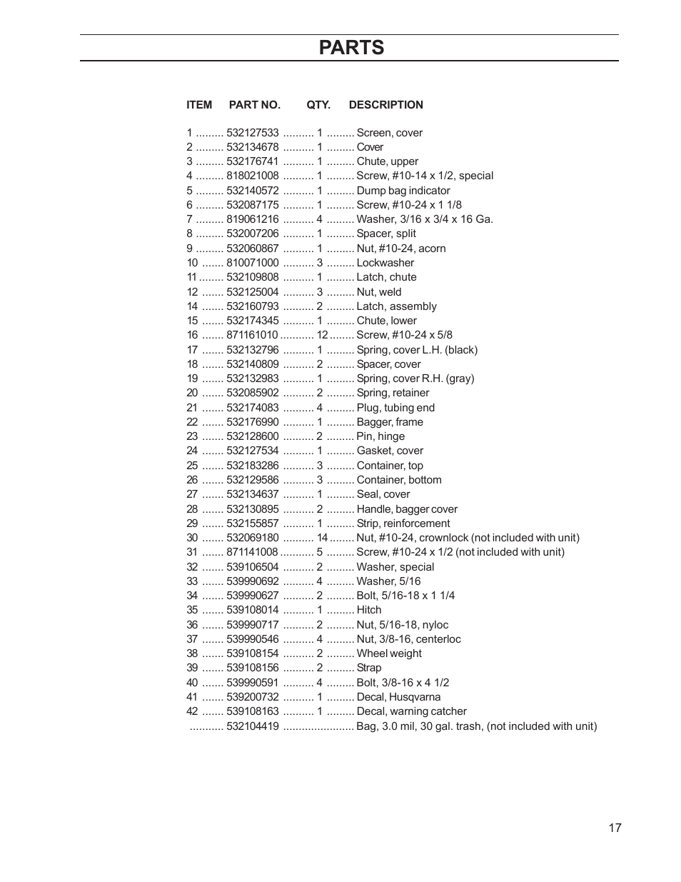 Parts list, Parts | Husqvarna 968999211 User Manual | Page 17 / 20