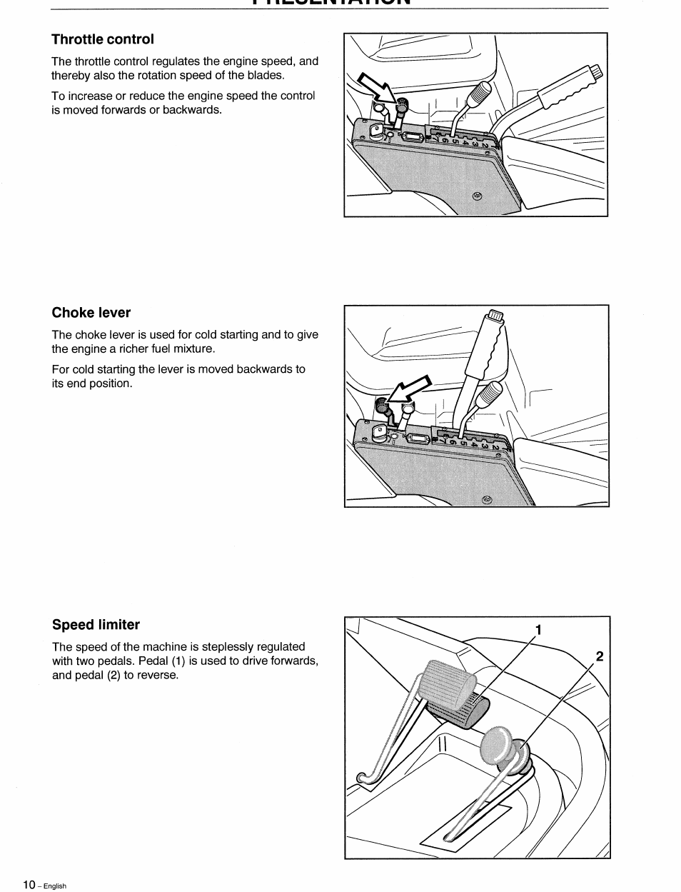 Throttle control, Choke lever, Speed limiter | Choke lever speed limiter | Husqvarna 1030 BioClip User Manual | Page 11 / 35
