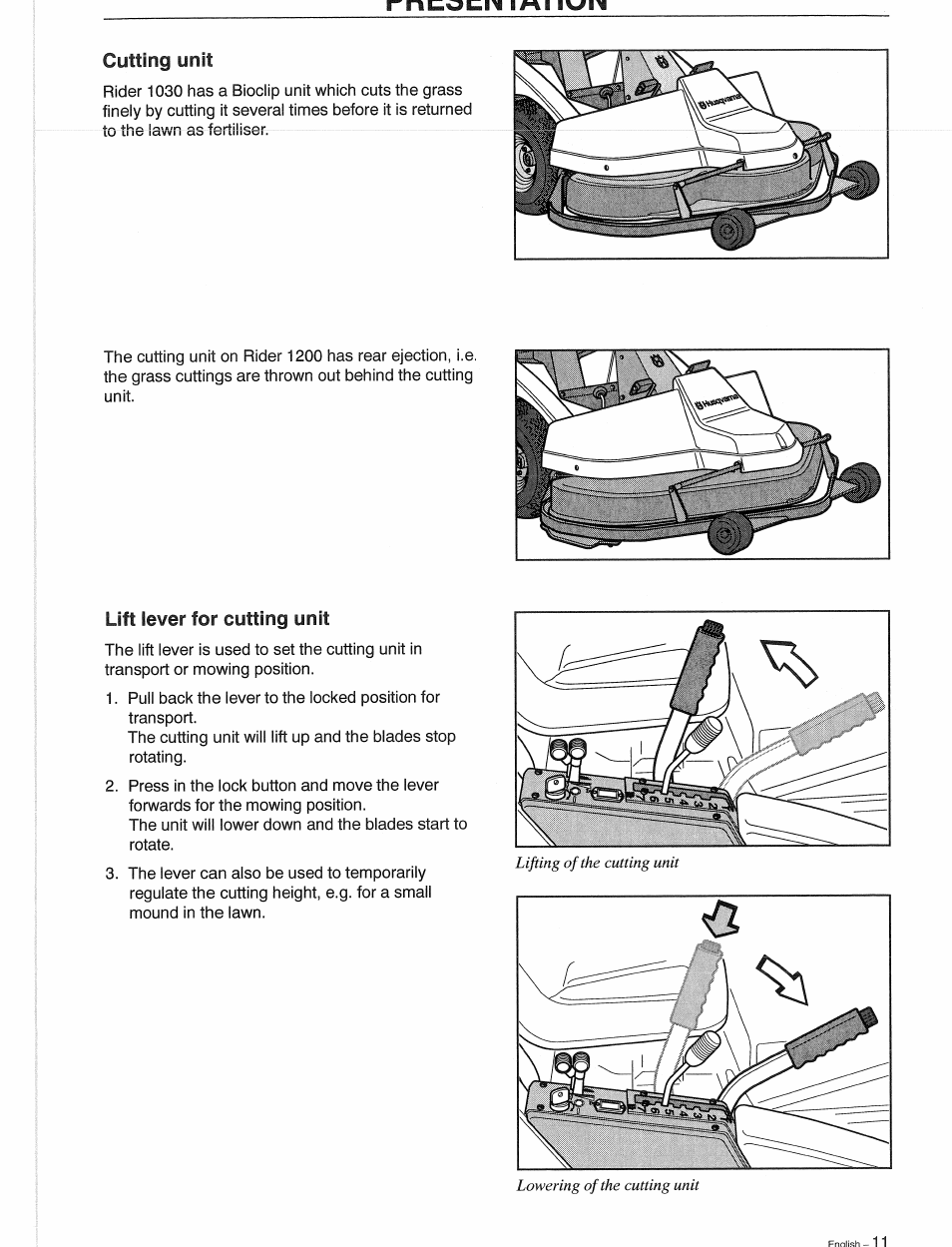 Lift lever for cutting unit, Ih lihii ivi/i^i | Husqvarna 1030 BioClip User Manual | Page 12 / 35