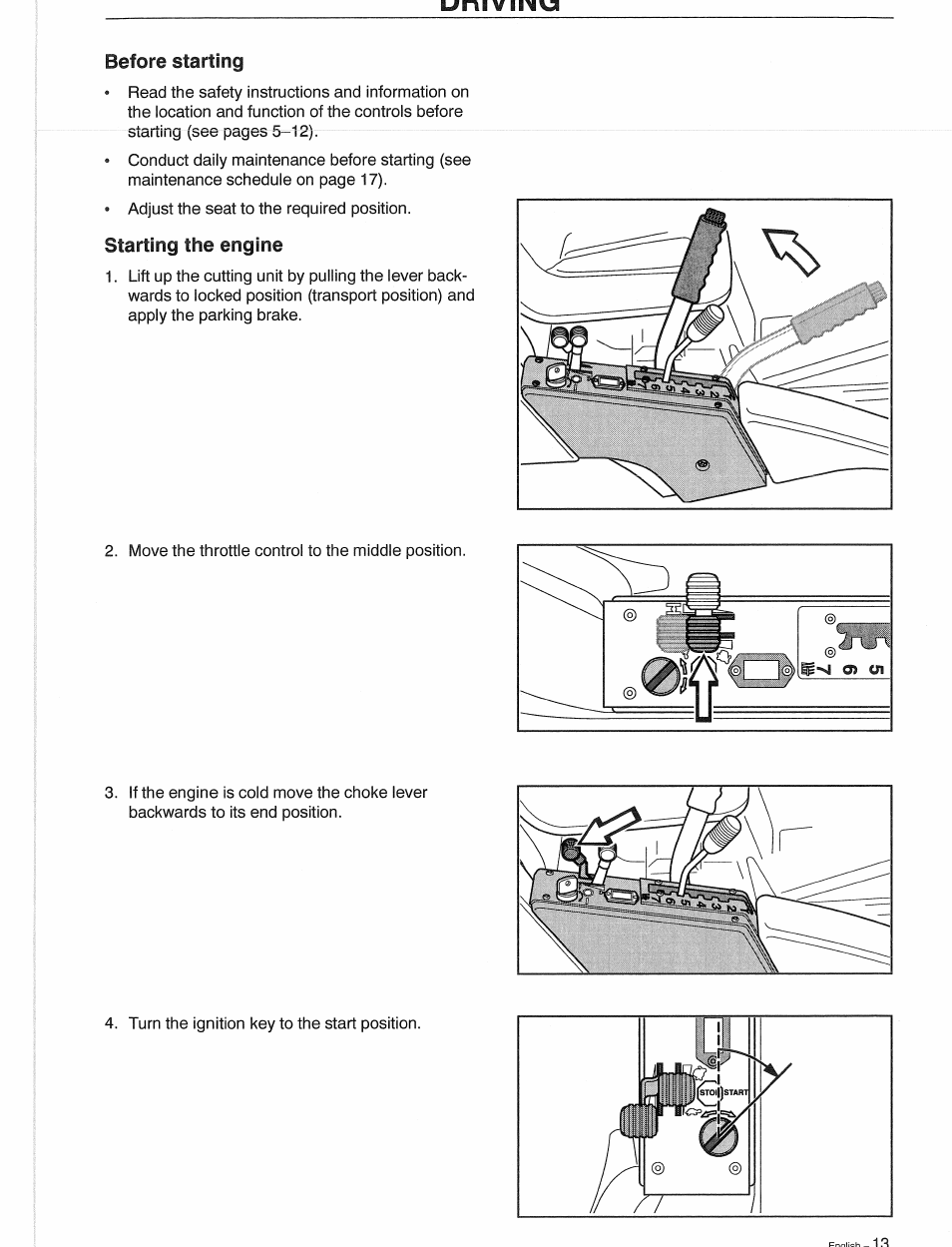 Before starting, Starting the engine, Before starting starting the engine | Husqvarna 1030 BioClip User Manual | Page 14 / 35