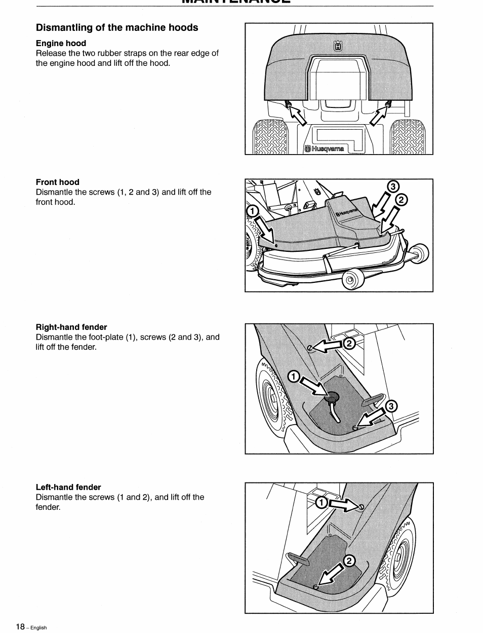 Dismantling of the machine hoods | Husqvarna 1030 BioClip User Manual | Page 19 / 35