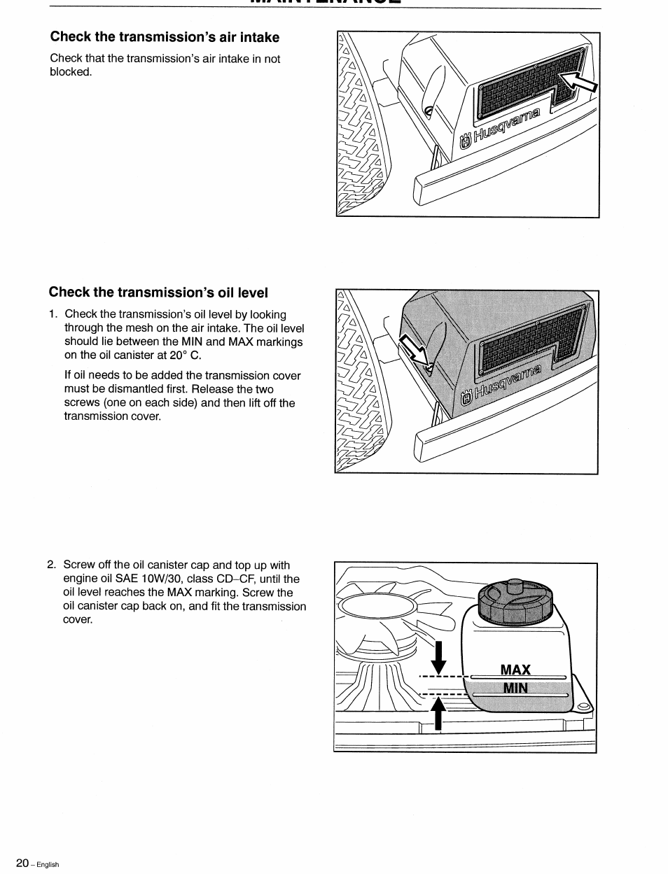 Check the transmission’s air intake, Check the transmission’s oii ievei | Husqvarna 1030 BioClip User Manual | Page 21 / 35