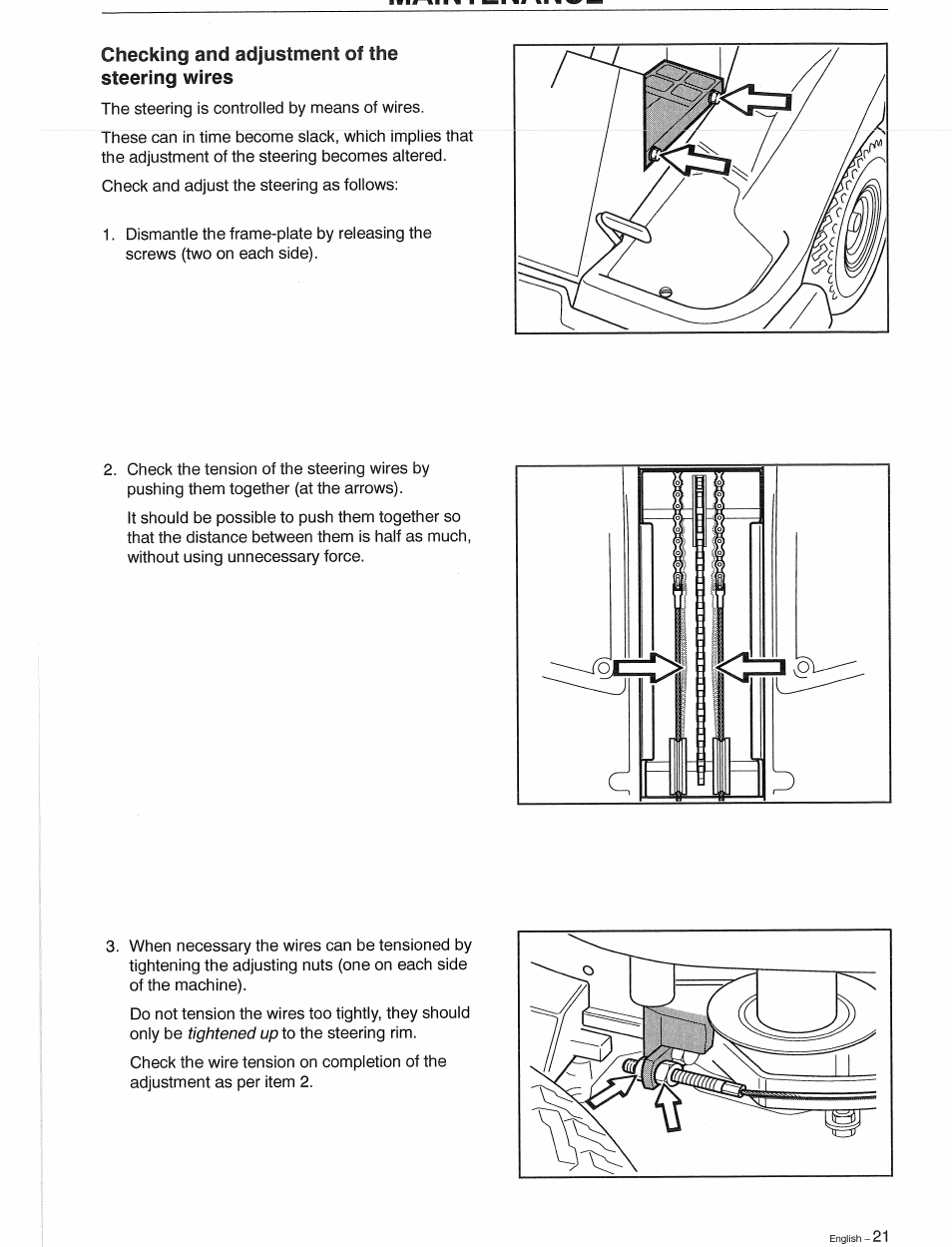 Checking and adjustment of the steering wires | Husqvarna 1030 BioClip User Manual | Page 22 / 35