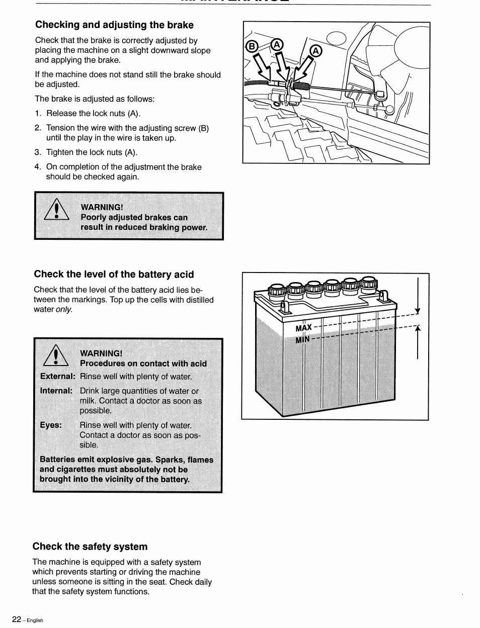 Checking and adjusting the brake, Check the level of the battery acid, Check the safety system | Checking and adjusting the brakes, Checking the safety system | Husqvarna 1030 BioClip User Manual | Page 23 / 35