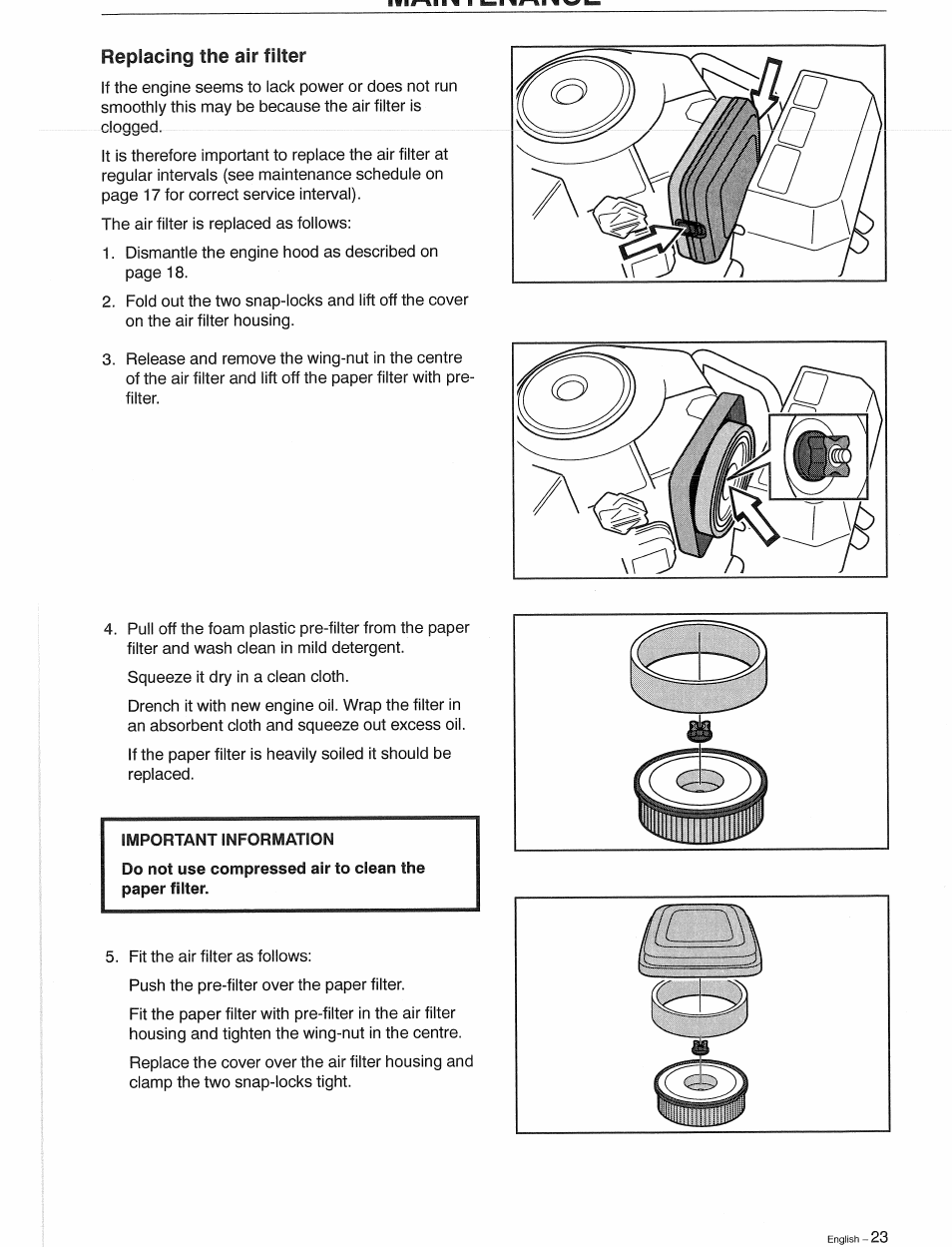Replacing the air filter | Husqvarna 1030 BioClip User Manual | Page 24 / 35
