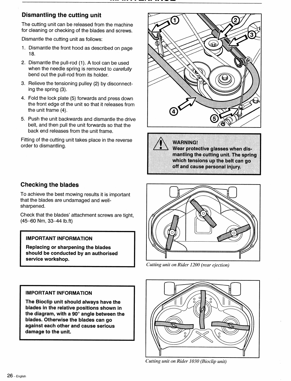 Dismantling the cutting unit, Checking the blades, Dismantling the cutting unit checking the blades | Husqvarna 1030 BioClip User Manual | Page 27 / 35