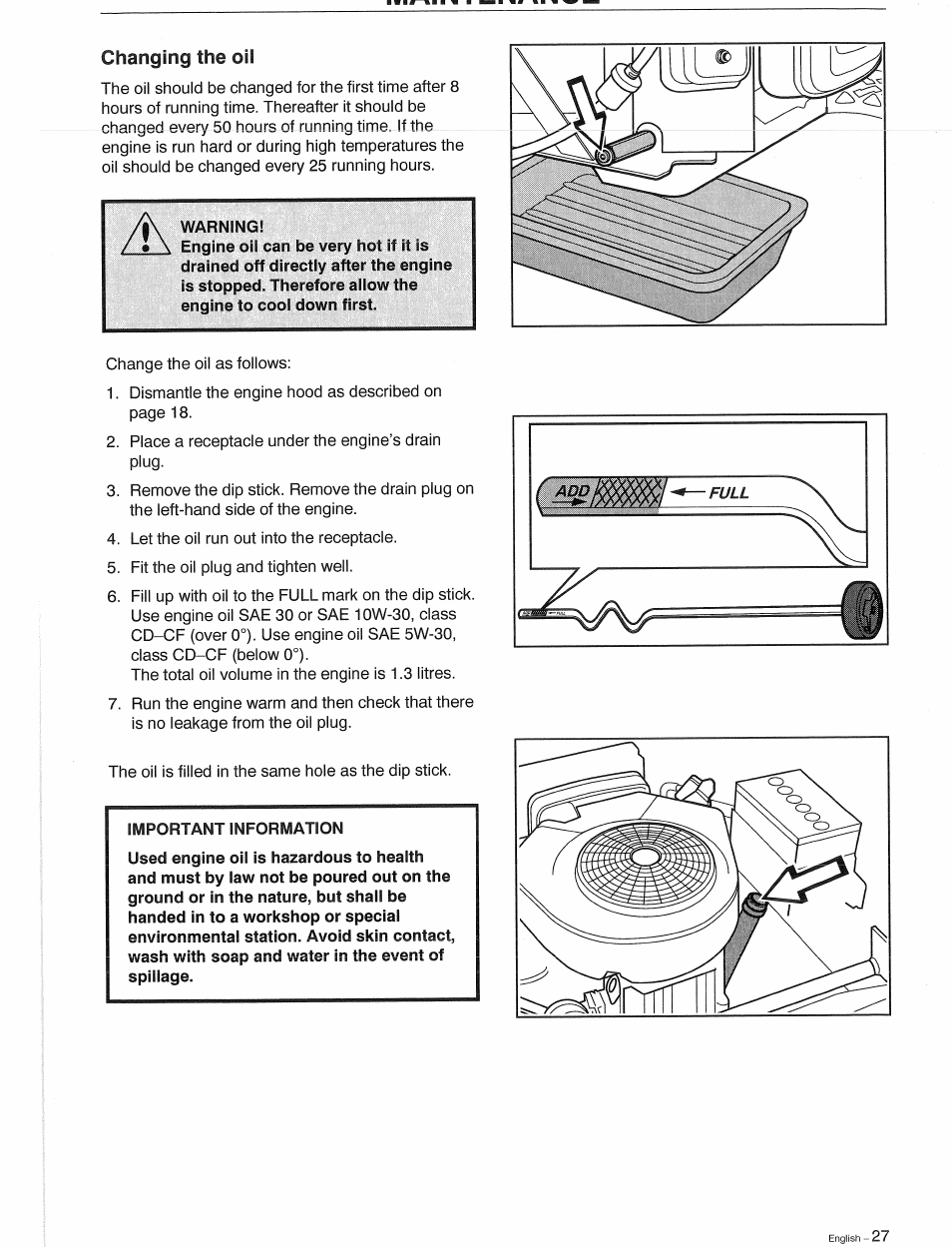 Changing the oil | Husqvarna 1030 BioClip User Manual | Page 28 / 35