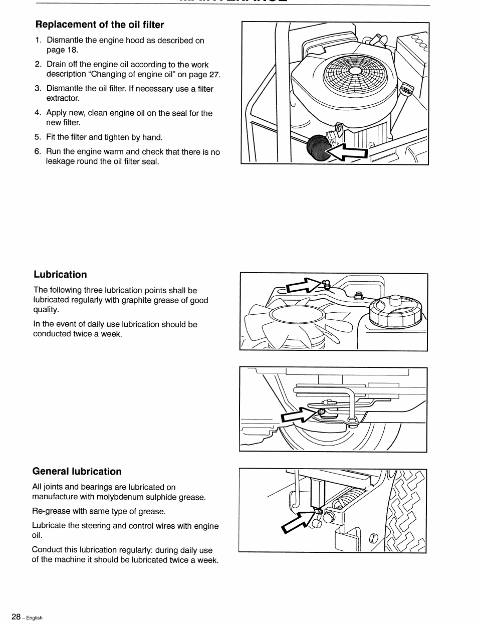 Replacement of the oil filter, Lubrication, General lubrication | Replacement of air filter, Lubrication general lubrication | Husqvarna 1030 BioClip User Manual | Page 29 / 35