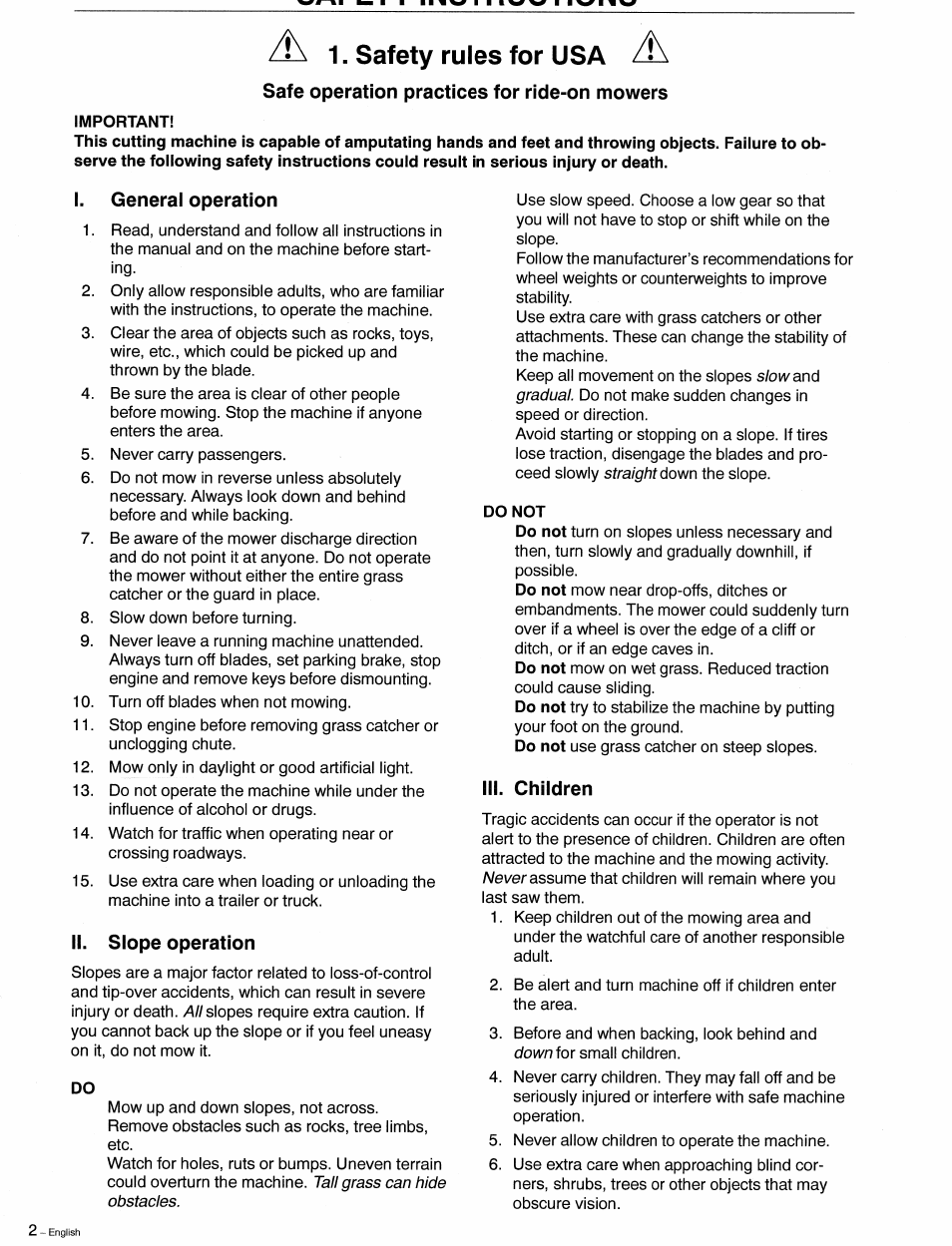 Safe operation practices for ride-on mowers, Iii. children, A 1. safety rules for usa | Husqvarna 1030 BioClip User Manual | Page 3 / 35