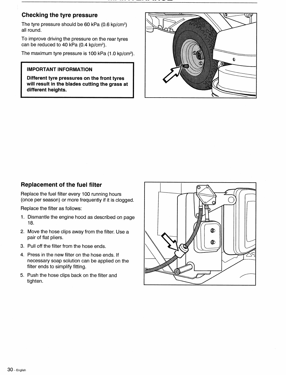 Checking the tyre pressure, Replacement of the fuel filter, Replacement of the oil filter | Husqvarna 1030 BioClip User Manual | Page 31 / 35