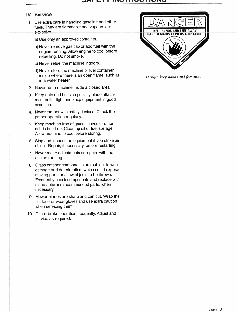 Iv. service, Danger, keep hands and feet away | Husqvarna 1030 BioClip User Manual | Page 4 / 35