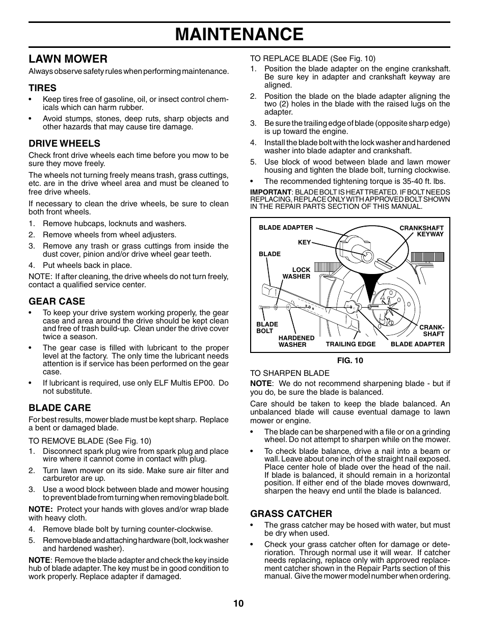 Maintenance, Lawn mower | Husqvarna 7021CH1 User Manual | Page 10 / 20