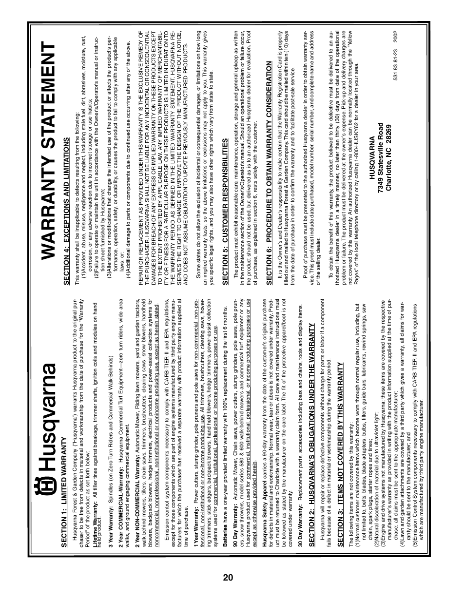 Warranty st a tement | Husqvarna 7021CH1 User Manual | Page 20 / 20