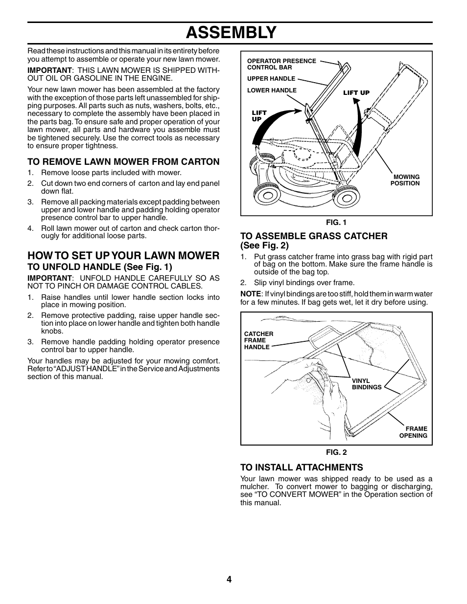 Assembly, How to set up your lawn mow er | Husqvarna 7021CH1 User Manual | Page 4 / 20