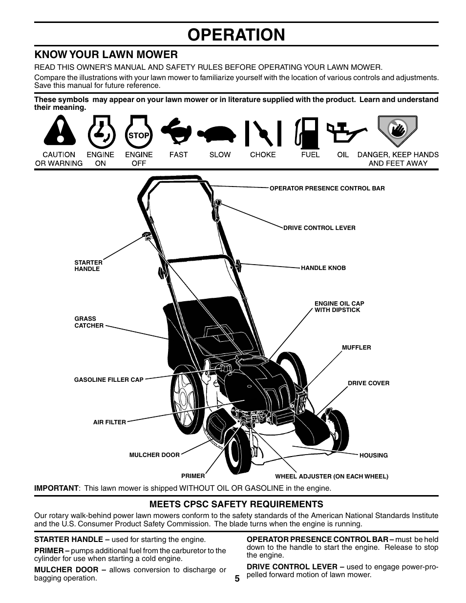 Operation, Know your lawn mower | Husqvarna 7021CH1 User Manual | Page 5 / 20