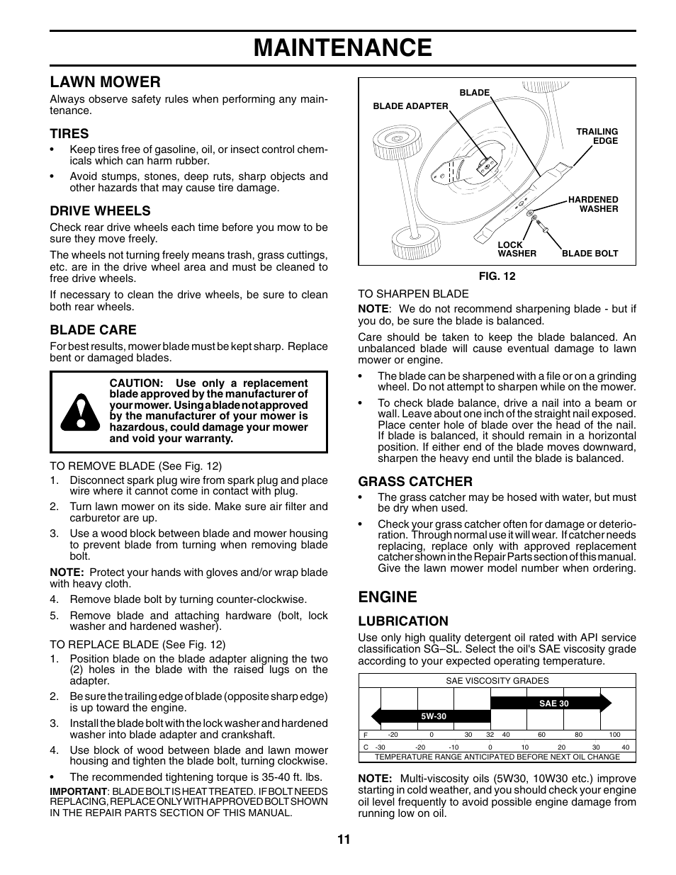 Maintenance, Lawn mower, Engine | Tires, Drive wheels, Blade care, Grass catcher, Lubrication | Husqvarna 70R21HV User Manual | Page 11 / 22