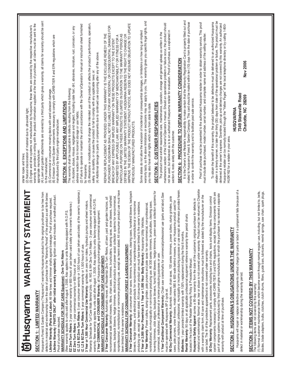 Warranty st a tement | Husqvarna 87521HVE User Manual | Page 40 / 64