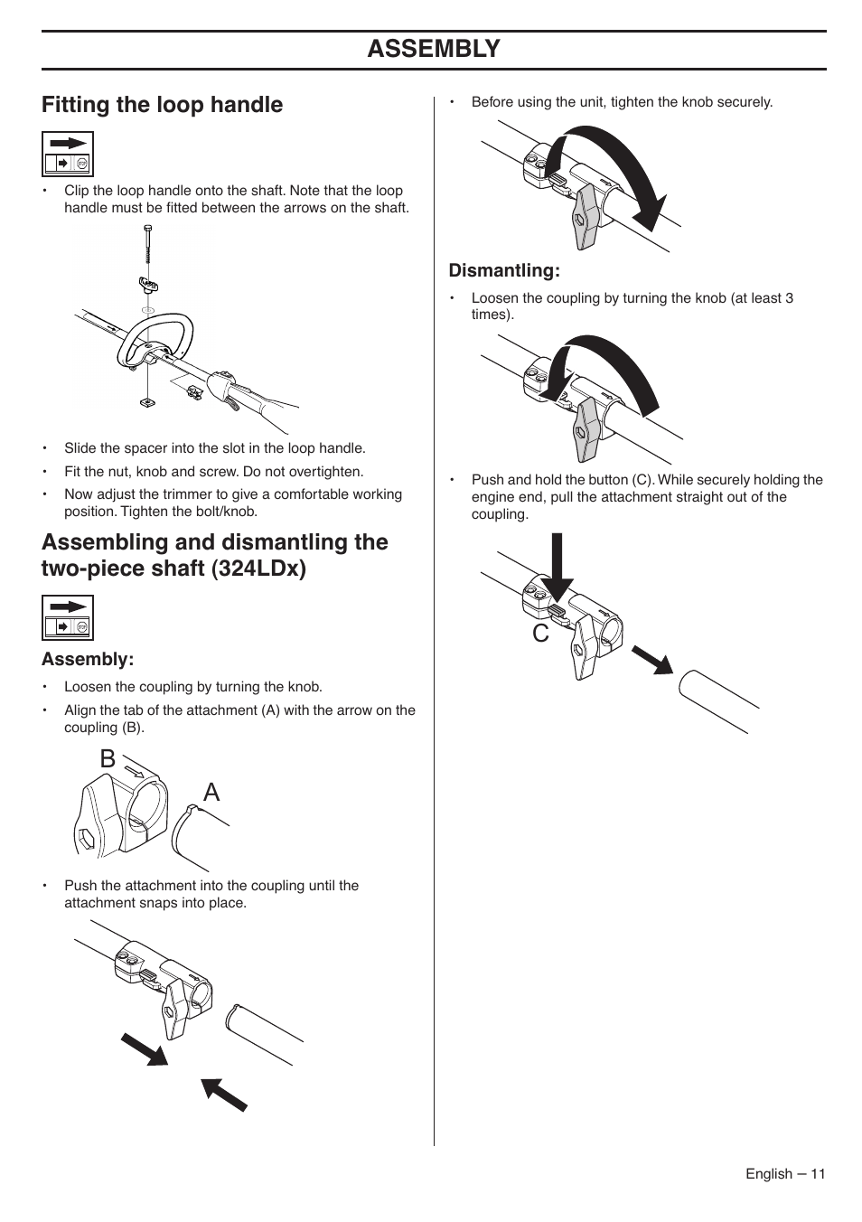 Fitting the loop handle, Assembly, Dismantling | Husqvarna 324LDX-Series User Manual | Page 11 / 36