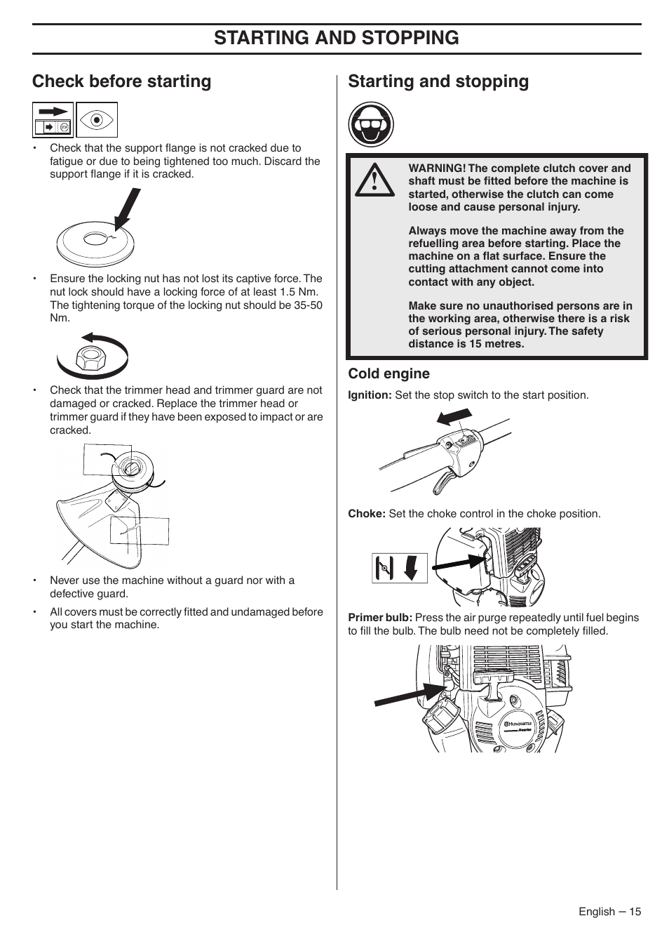 Check before starting, Starting and stopping, Cold engine | Husqvarna 324LDX-Series User Manual | Page 15 / 36