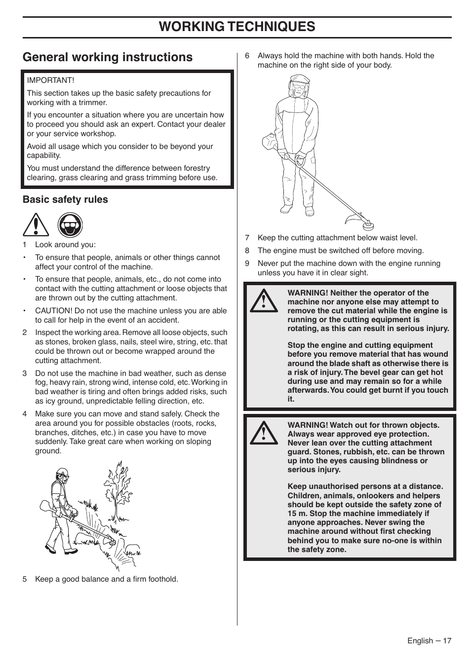 General working instructions, Basic safety rules, Working techniques | Husqvarna 324LDX-Series User Manual | Page 17 / 36