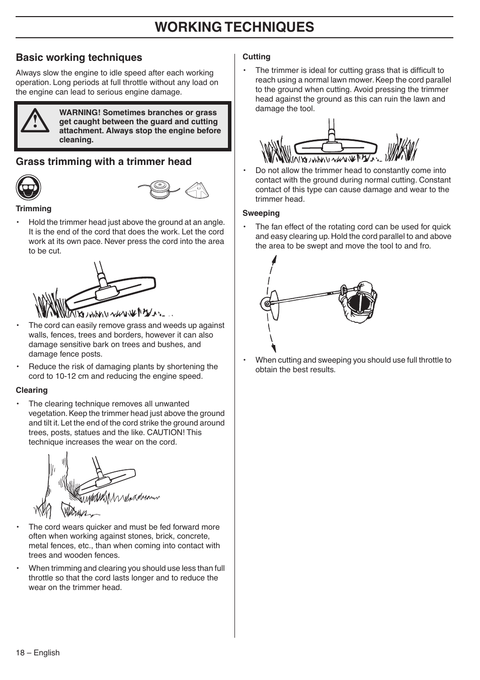 Basic working techniques, Grass trimming with a trimmer head, Working techniques | Husqvarna 324LDX-Series User Manual | Page 18 / 36