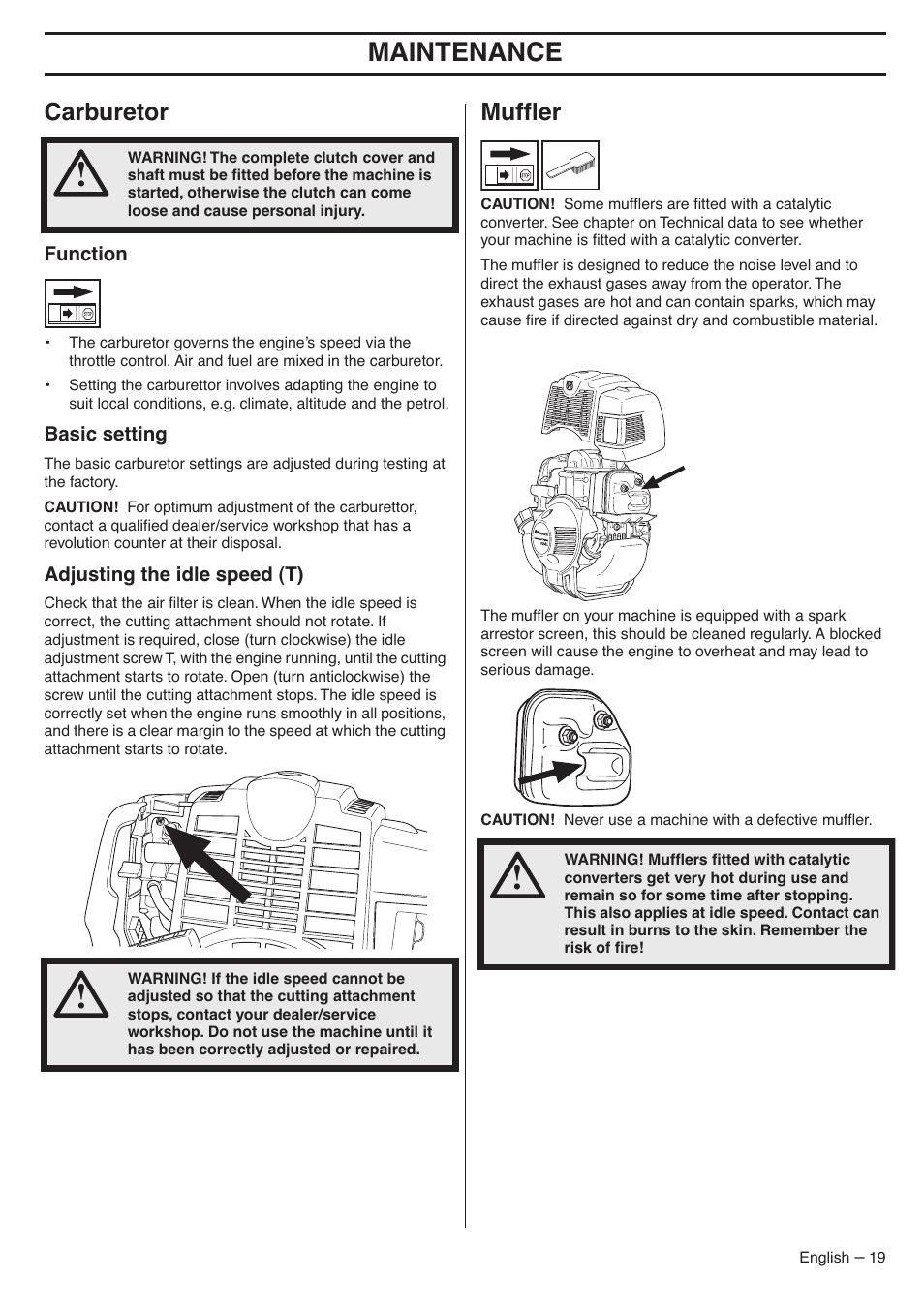 Carburetor, Function, Basic setting | Adjusting the idle speed (t), Muffler, Maintenance, Mufﬂer | Husqvarna 324LDX-Series User Manual | Page 19 / 36