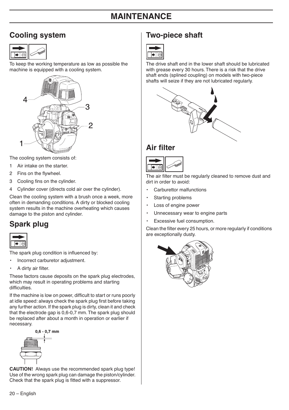 Cooling system, Spark plug, Two-piece shaft | Air filter, Maintenance, Air ﬁlter | Husqvarna 324LDX-Series User Manual | Page 20 / 36