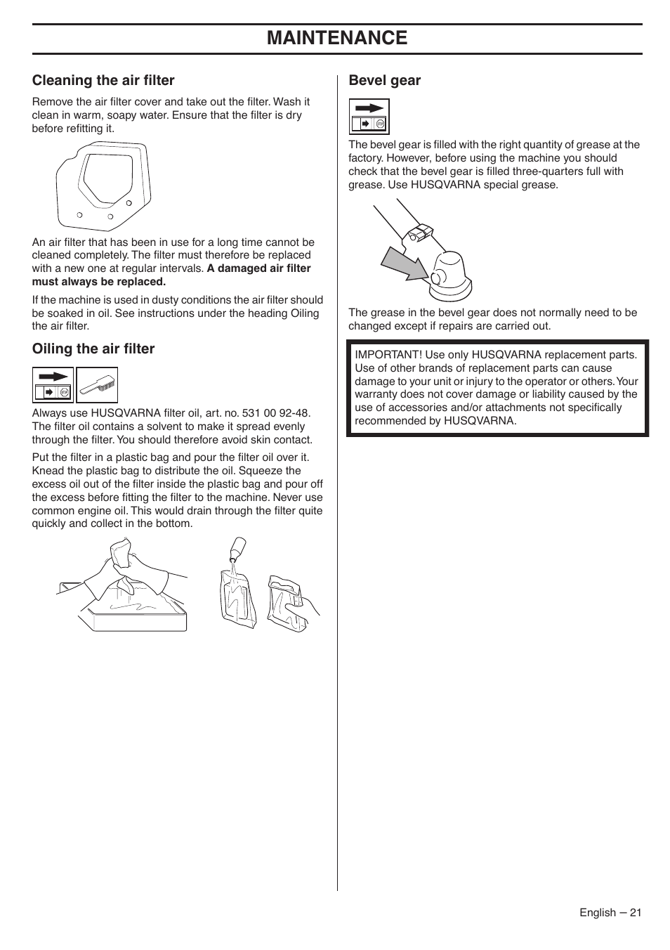 Cleaning the air filter, Oiling the air filter, Bevel gear | Maintenance | Husqvarna 324LDX-Series User Manual | Page 21 / 36