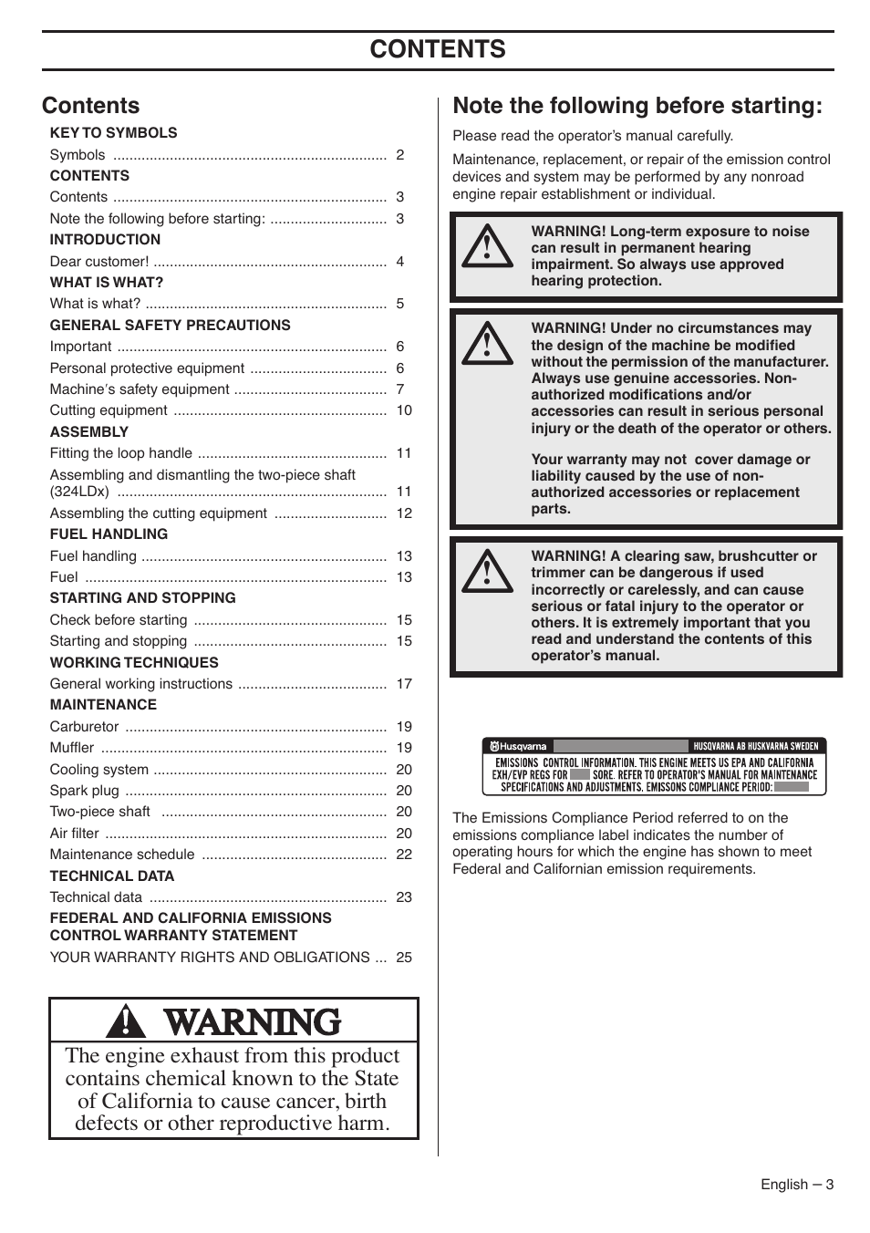 Husqvarna 324LDX-Series User Manual | Page 3 / 36