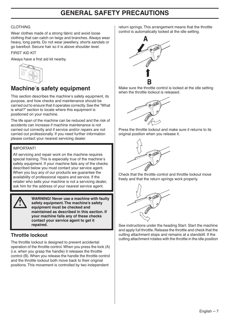 Machine¢s safety equipment, Throttle lockout, General safety preca utions | Mac hine ′ s safety equipment | Husqvarna 324LDX-Series User Manual | Page 7 / 36